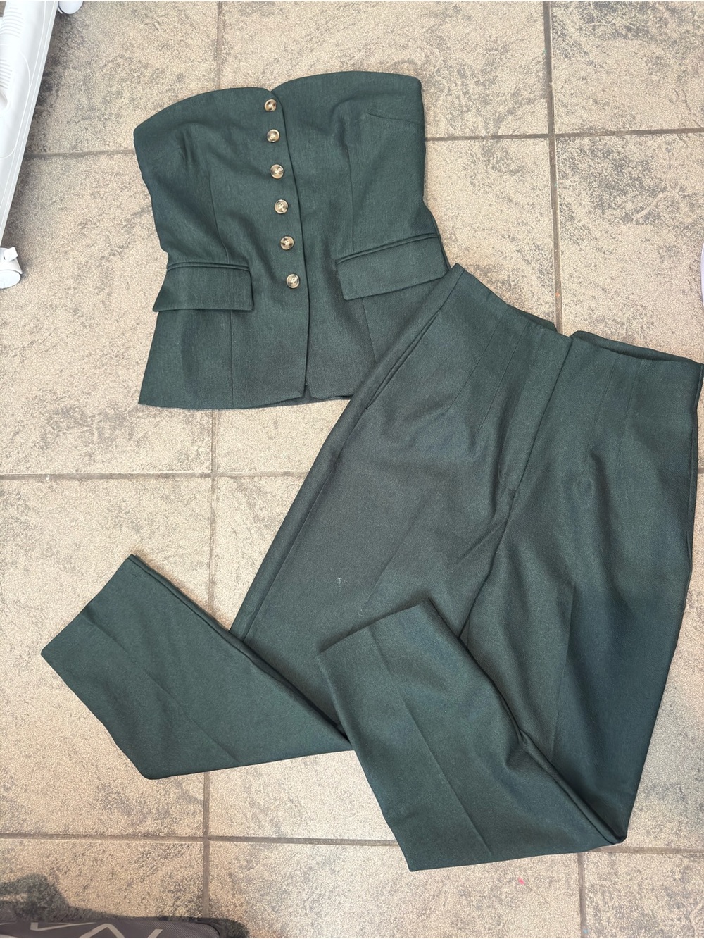 Strapless Green Tailored Bustier and High-Waist Trousers Set